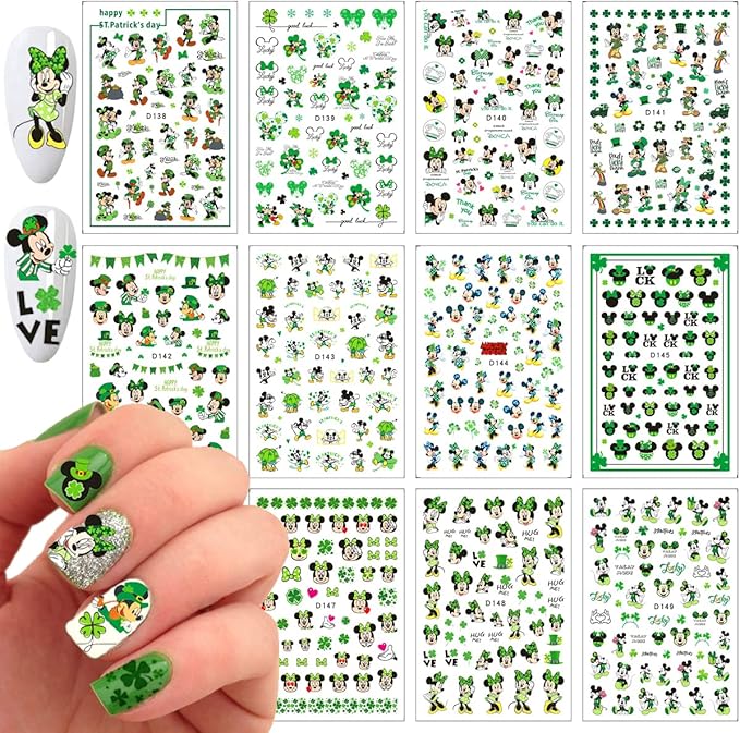12 Sheets St Patrick’s Day Nail Art Stickers Decal 3D Cute Cartoon Nail Decals Nail Art Supplies Shamrock Clover Irish Cartoon Nail Design DIY Nail Decoration for Women