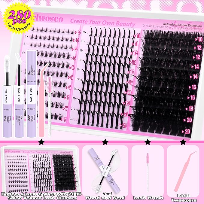 wiwoseo Bottom Lash Clusters with spikes Lash Clusters Kit Volume Lash Spikes Cluster Eyelash Extensions 200D Eyelash Clusters Fluffy Mink Lashes Clusters with Bond and Seal Lash Glue for Beginners