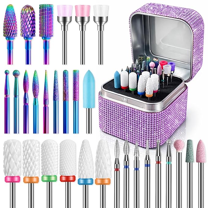 Nail Drill Bits Set with Storage Case: 30pcs 3/32 Inch Carbide Diamond Ceramic Professional Salon Kit for Acrylic Nails, Multi-Function for Women Nail Artists Manicure Pedicure (Purple)