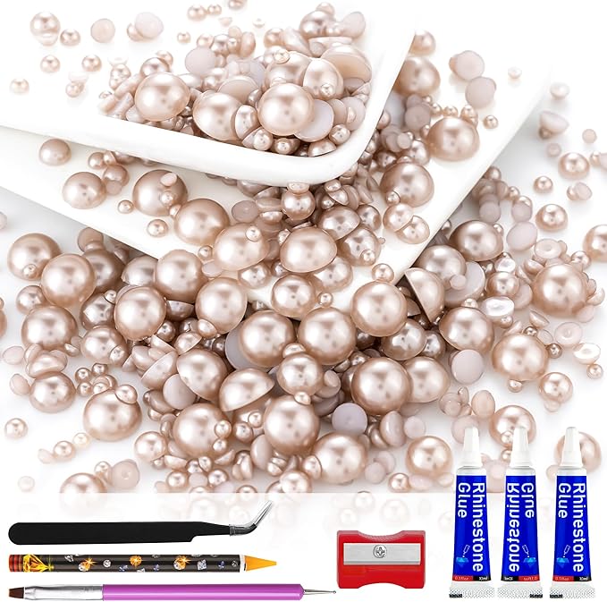 60g Light Coffee Flatback Half Round Pearls Mixed Size 3-10mm Resin Craft Beads for Nail Art, Face Gems, DIY Jewelry Making