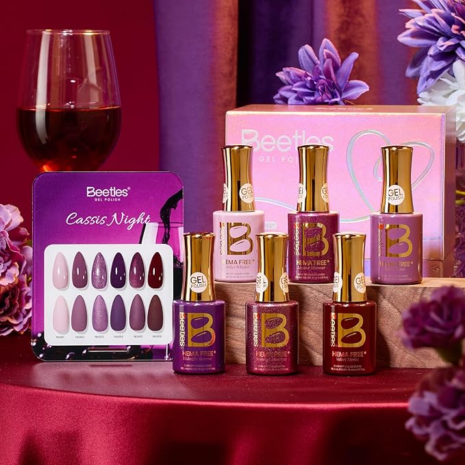 beetles Purple Gel Polish Set - 6 Colors Cassis Night Collection HEMA-Free 15ml Dark Purple Glitter Shimmer Color Nails with Swatch Card, Home Salon Soak Off UV LED Valentines Gift for Women
