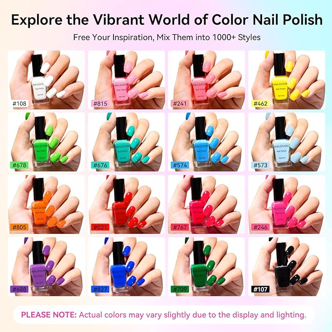 Nail Polish 10ml 16 Colors Rainbow Air Dry Regular Nail Polish Set with Base Top Coat & Remover Pads| White Red Classic French Fingernail Polishes Non-gel Bulk Gift for Nail Art Lovers