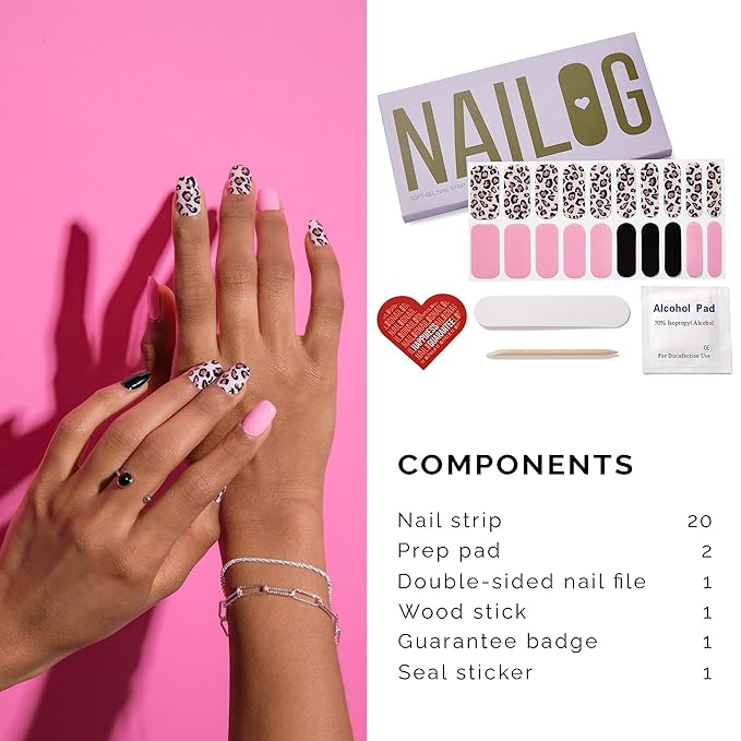 NAILOG Semi Cured Gel Nail Strips (20 Extra Long Polish Stickers/Wraps) │ Glossy & Long Lasting Soft Gel Finishing │Pink Leopard