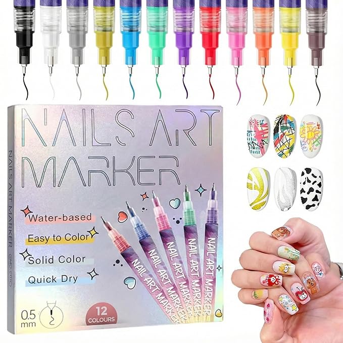 12 Colors Nail Art Pens Set, Nail Art Markers Nail Polish Pens for 3D Drawing Painting Liner Brush for DIY Nail Art Beauty Adorn Manicure Tools (Purple)