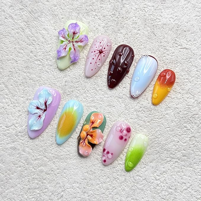 Handmade Press on Nails Medium Almond Thick Acrylic Nails with Glue,Tropical Flower Art Fake Nails with Water Droplet Pattern Designs Nature Stick on Nail False Nails for Wome (Size M)