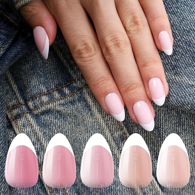 French Tip Press on Nails Short Almond Full Cover Thick Fake Pre-shaped Acrylic Nail Tips, 5 Colors, Manicure Salon & DIY at Home 150 PCS 15 Sizes