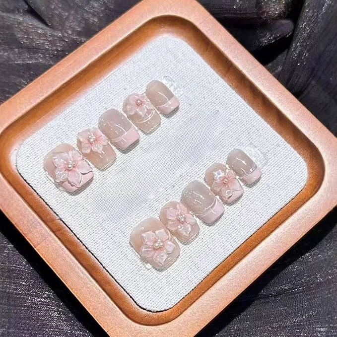 Pink Flower Press on Nails Handmade Press on Nails Short Square Fake Nails with 3D Flower Rhinestones Designs French False Nails Stick on Nails Full Cover Acrylic Nails for Women Nails DIY (Size M)