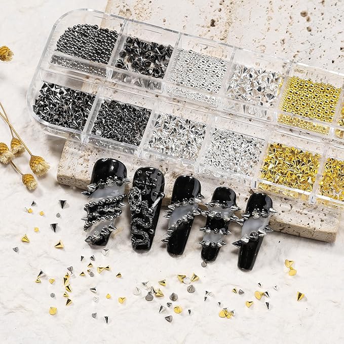 3D Mini Small Metal Stainless Steel Caviar Nail Beads Balls, 0.8-3mm Gold Silver Alloy Nail Art Chain Charms Studs with Tweezers and Dual-end Brush (17-K1-punk-metal)