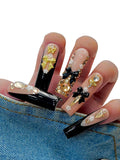 Euphrosyne Y2K Press On Nails – Long Coffin Nails in Black & Nude Pink with Sparkly Rhinestones & 3D Bows | 10pcs Trendy Glam Fake Nails for Party or Daily Wear