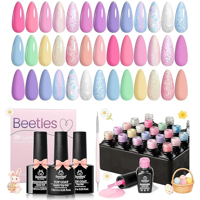 Beetles Spring Gel Nail Polish Set - 24Pcs Pink Purple Pearl Blue Shimmer Chameleon Green Colors Gel Nail Kit, 3Pcs Base Top Coat Double-ended Brush Soak off UV Nail Polish Valentines Gifts for Women