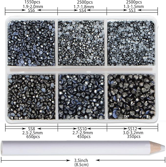 NCB Hotfix Iron on 8000pcs Crystal Rhinestones Round Gem for Crafts Decoration DIY Jewelry Making with a Picking Pen (Hematite Black, 6Sizes SS3-SS12)