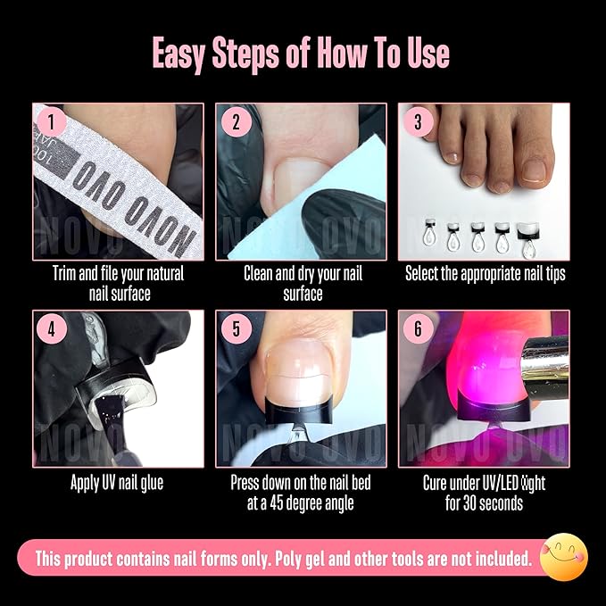 NOVO OVO Half Cover Toe Nail Tips, Pre-Designed Black French Tip - 240Pcs Soft Gel False Toenails for Acrylic Pedicure Extension, Square Shape with Auxiliary Line Guide (15 Sizes, Wide Fit)