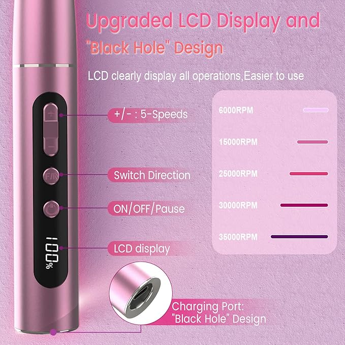 Electric Nail Drill Professional, 35000RPM Cordless Acrylic Nail Kit for Nail Polish Remover, Nail Filer Electric Manicure and Pedicure kit (Rose Pink)