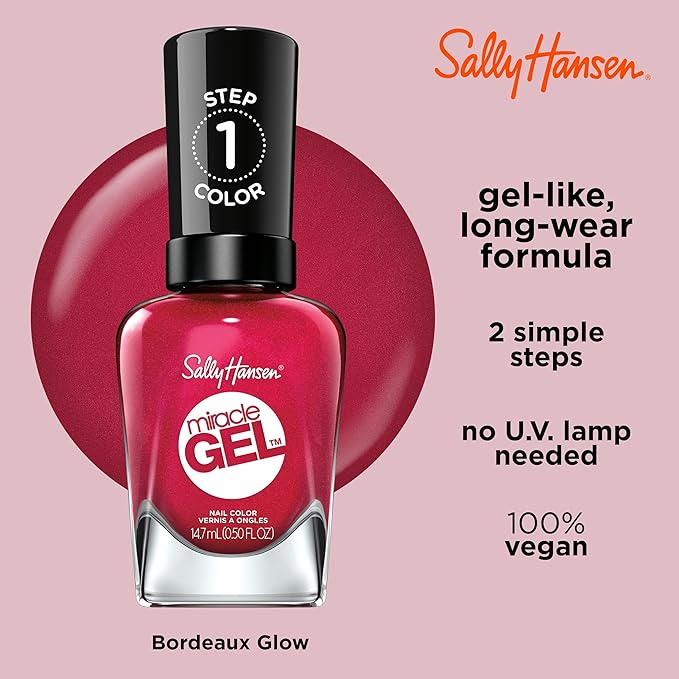 Sally Hansen Miracle Gel Salon Quality Nail Polish | Gel-Like Formula, Two-Step System, No UV Light Needed, Long Lasting | Opaque, Glossy | 555 Bordeaux Glow | Wine Red Nail Color