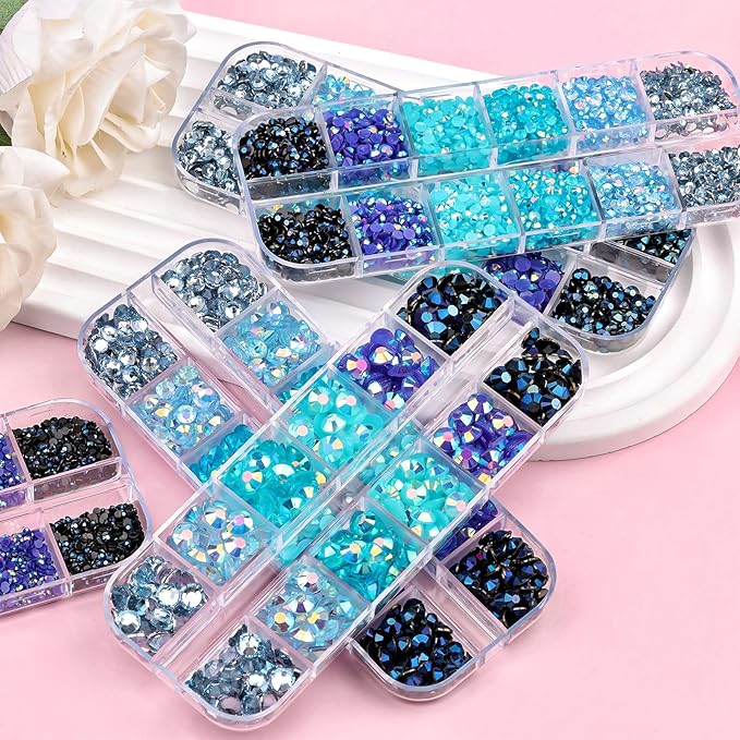 5 Boxes 12420pcs Sparkling Crystal Nail Rhinestones Kit, Flatback Multicolor Transparent Jelly AB Mermaid Gems with Pick Up Pen and Curved Tweezers for Manicure Salon & Craft DIY Designs (Blue)