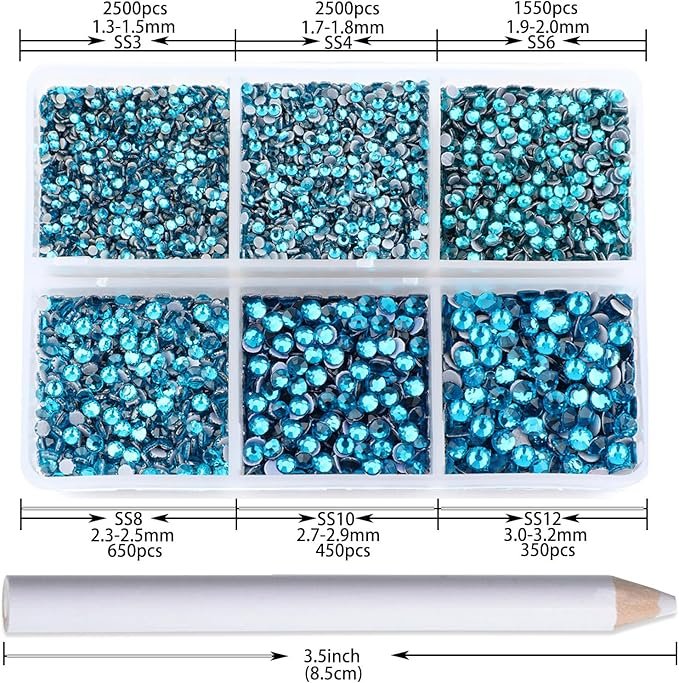 NCB Hotfix Iron on 8000pcs Crystal Rhinestones Round Gem for Crafts Decoration DIY Jewelry Making with a Picking Pen (Blue Zircon, 6Sizes SS3-SS12)