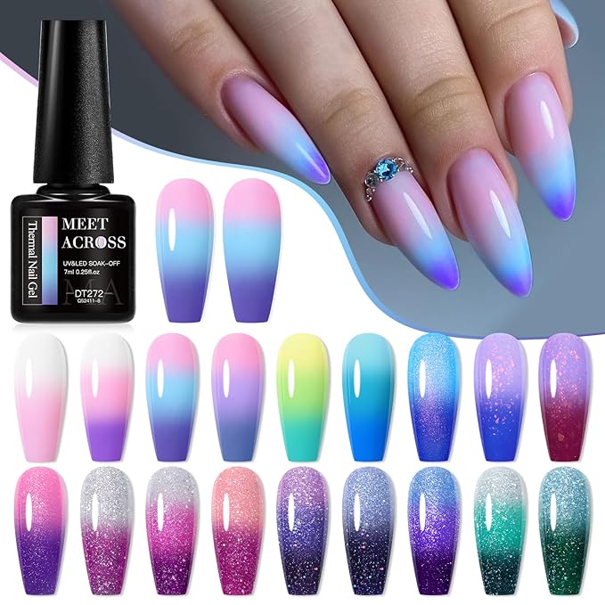 MEET ACROSS 18Pcs Color Changing Gel Nail Polish Set Pink Purple Blue Green Temperature Change Gel Polish Soak Off UV/LED Glitter Mood Temperature Color Change Gel Manicure Kit