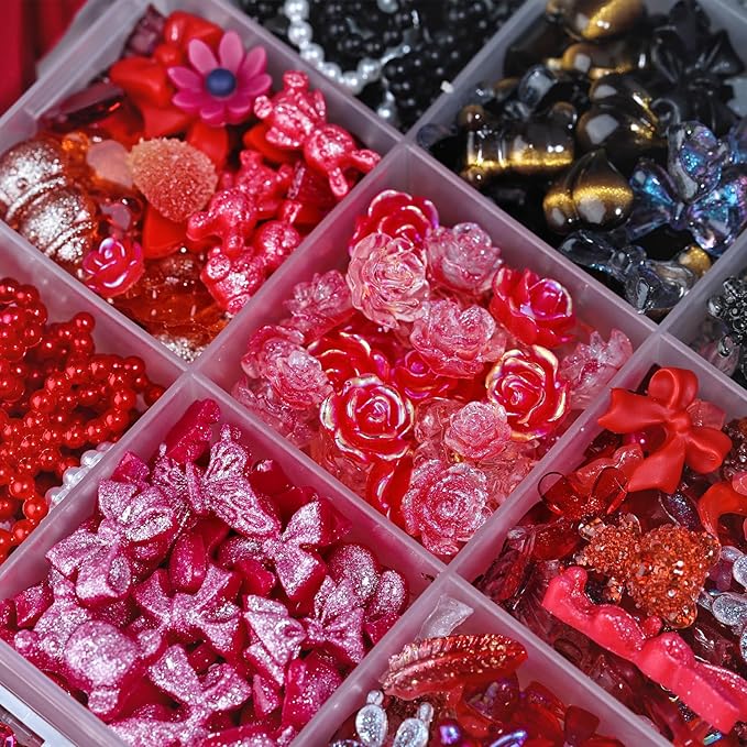 1400 Pieces 3D Butterfly Rose Flower Bow Rabbit Bear Nail Charms Kit with Nail Art Rhinestones Pearls Crystal Gems Nail Slices for Manicure DIY Crafts Jewelry Accessories (Black Red)