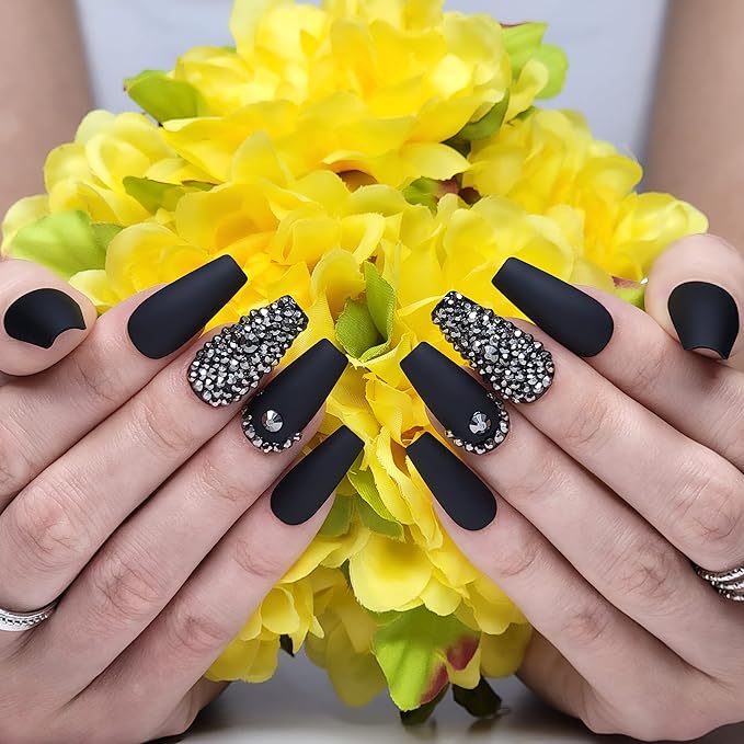 Hypnaughty 24 Pcs Rhinestone Noir Coffin Press On Nails with Gunmetal Color Luxury Rhinestones and Glue Medium Length Glue On False Nails (Rhinestone Noir)