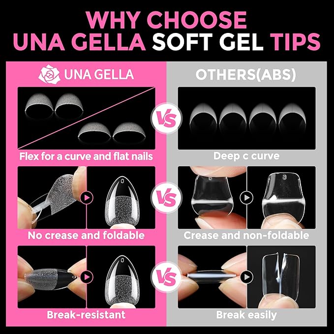 UNA GELLA Short Almond Fake Nails 216pcs Pre-Shape Gel Acrylic Nail Tips for Full Cover Nail Extension Home DIY Nail Salon 12 Sizes Gelly Tips
