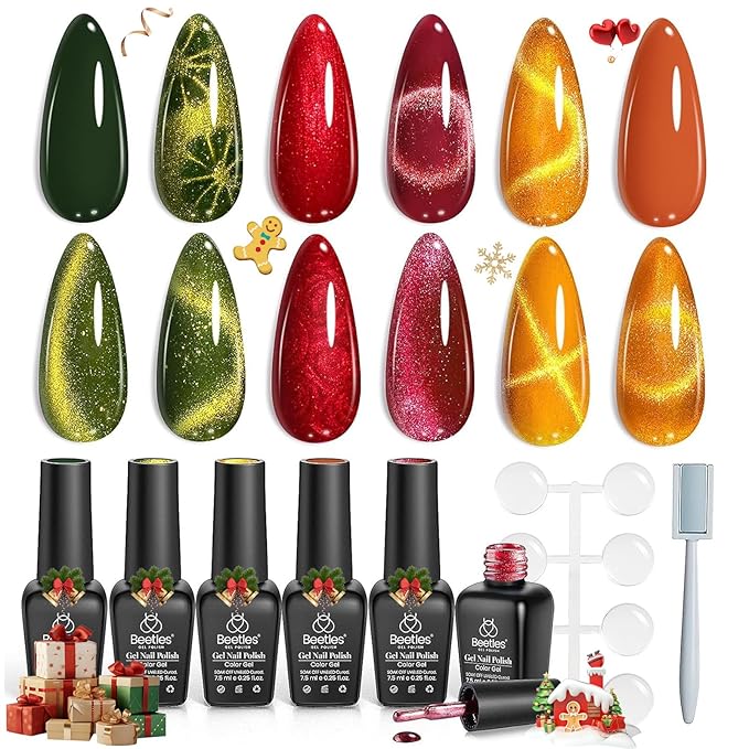 Beetles Cat Eye Gel Nail Polish Set, 6 Colors Red Burgundy Gel Olive Green Cat Eye and Pearl Nail Polish with Magnet Soak Off LED Nail Art Kit DIY Salon at Home Gifts for Women