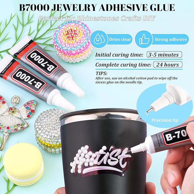 12000Pcs Resin Rhinestones for Bedazzling with 3Pcs B7000 Jewelry Glue, 2 Boxes White Flatback Rhinestones for Crafting Crafts DIY, Crystals Gems for Clothing Shoes Tumblers Nail Art Makeup