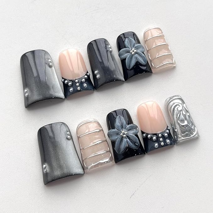 French Tip Press on Nails Handmade Short Duck 3D Flower Thick Acrylic Nails Black Sparkly False Nails with Pearls Silver Chrome Powder Designs Glossy Fake Nail Sturdy Art Press on Nail 10Pcs(S)