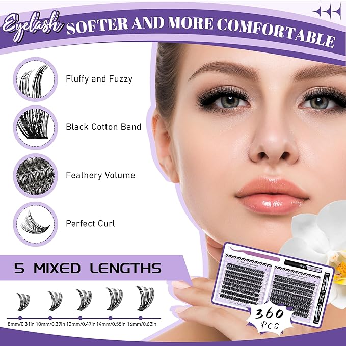 Volume Lash Clusters Kit 360Pcs 60D+80D Lash Cluster Eyelash Extensions 8-16mm Lash Clusters Kit with Lash Bond and Seal Lash Remover and Lash Tweezers Easy DIY at Home
