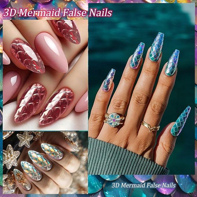 3D Diamond Shaped Polygel Nail, Extension Clear Full Cover False Nail Tips, Hybrid Gel Acrylic Nail, Diamond Fake Nails, 14 Sizes Building Artificial Press on Nail (Fish Scales 3, 120pcs)