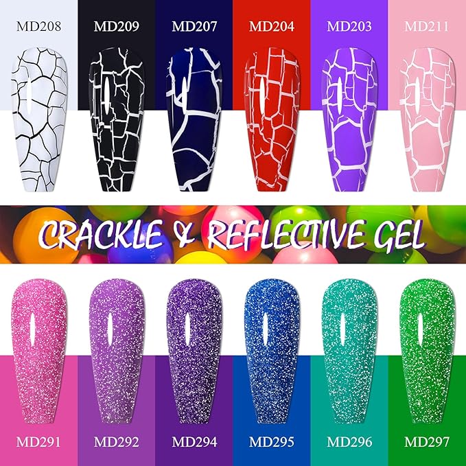12 Colors Crackle Gel Nail Polish Reflective Glitter Neon Gel Polish Set Pink Blue Soak Off Uv Led Nail Polish Kit 8ml (Cracked Nail Polish + Glitter Gel Polish)