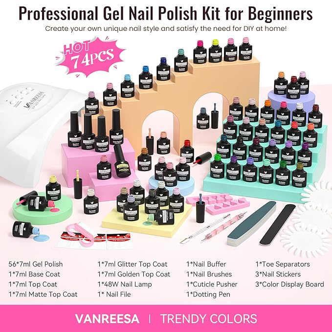 VANREESA Gel Nail Polish Kit with U V Light 74 Pcs Gel Polish Nail Set 56 All Season Colors Nail Polish Set Base Coat & 4 Effects Top Coat with Manicure Tools Complete Nail Kit Gifts for Women