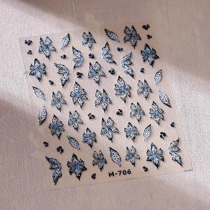 1 Sheets Embossed Flower Nail Stickers For Nail Art Holographic Laser Spring Flowers Nail Decals Black Blue Floral Nail Decor 5D Self-Adhesive Spring Butterfly Nail Art Stickers for Women Nails Design