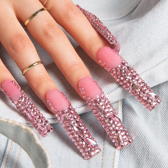 LOVFUL Press on Nails Pink French Tip Rhinestone | Handmade with Full Covered Crystals | Reusable Fake Nails | Square Long 2.2 in | H27-L