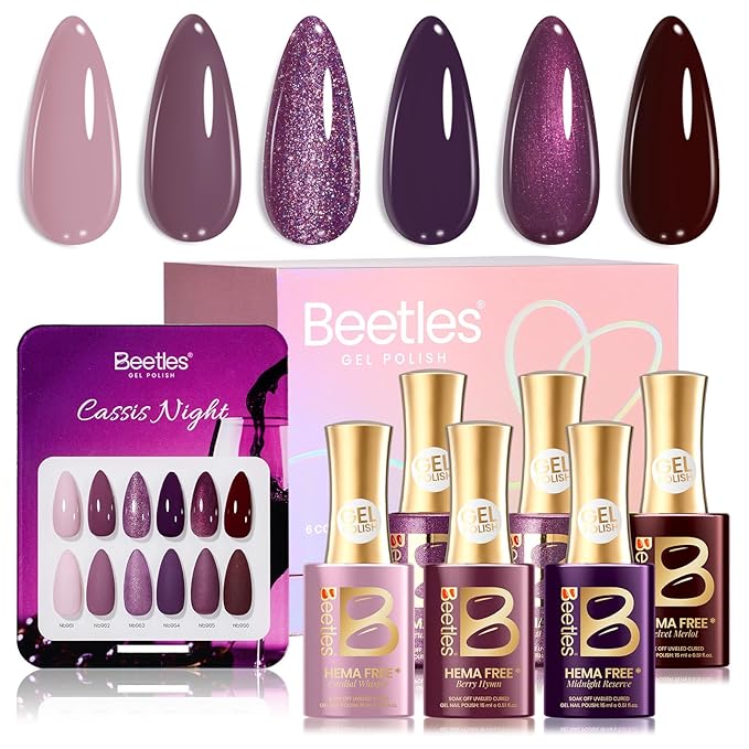 beetles Purple Gel Polish Set - 6 Colors Cassis Night Collection HEMA-Free 15ml Dark Purple Glitter Shimmer Color Nails with Swatch Card, Home Salon Soak Off UV LED Valentines Gift for Women