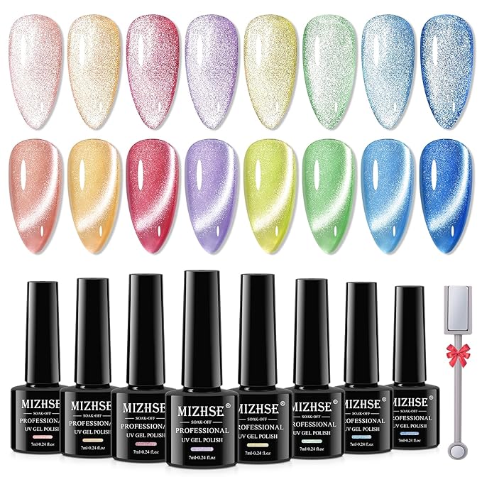 MIZHSE Cat Eye Gel Nail Polish: 8 Colors Summer Magnetic Gel Polish Kit with Magnet Stick, Shimmery Glitter Neon Colors Green Yellow Blue Soak Off Nail Art Salon Home Manicure Women Gift