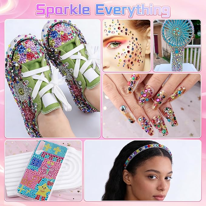 7900Pcs 5mm Resin Rhinestones for Bedazzling, Pink Red Black Flatback Gems for Crafting, Bedazzler Kit with Rhinestones Tools & B7000 Jewelry Glue for DIY Clothing Shoes Tumblers Fabric Mugs Bags