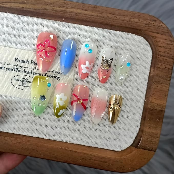 Handmade Press on Nails Almond,Glossy Pink Green Purple Soft Gel with Flower Butterfly Pattern,Ballet y2k Medium Almond Summer Nails for Parties Daily Wear(L)