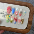 Handmade Press on Nails Almond,Glossy Pink Green Purple Soft Gel with Flower Butterfly Pattern,Ballet y2k Medium Almond Summer Nails for Parties Daily Wear(L)