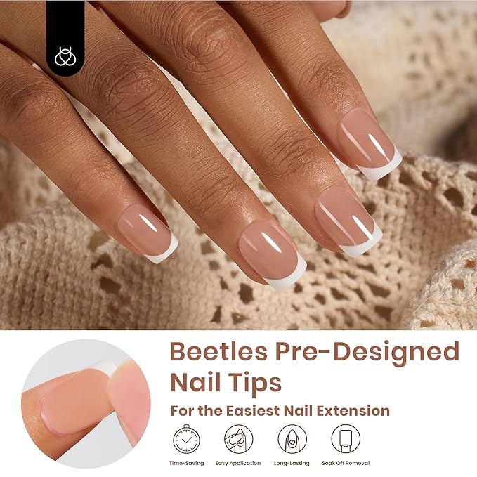 Beetles Press On Nails Square- French Tip Nails 210pcs Short Square Brown Soft Gel Nail Tips Pre-applied Tip Primer No Need File False Nails for Nail Art DIY 15 Sizes