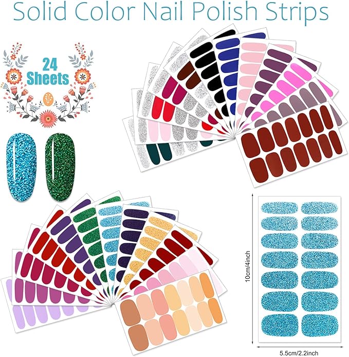 JERCLITY 336-Piece Set: 24 Sheets Glitter Nail Polish Strips - Self-Adhesive, Colorful Nail Wraps & Stickers for Short Nails