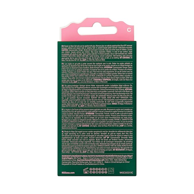 WICKED X KISS Press On Nails Almond, ‘Glinda Goodness’, Pink, Short, Waterproof, Chip Proof, Smudge Proof, 28 Fake Nails, Pink Gel Nail Glue (2g), Mini Nail File, & Manicure Stick