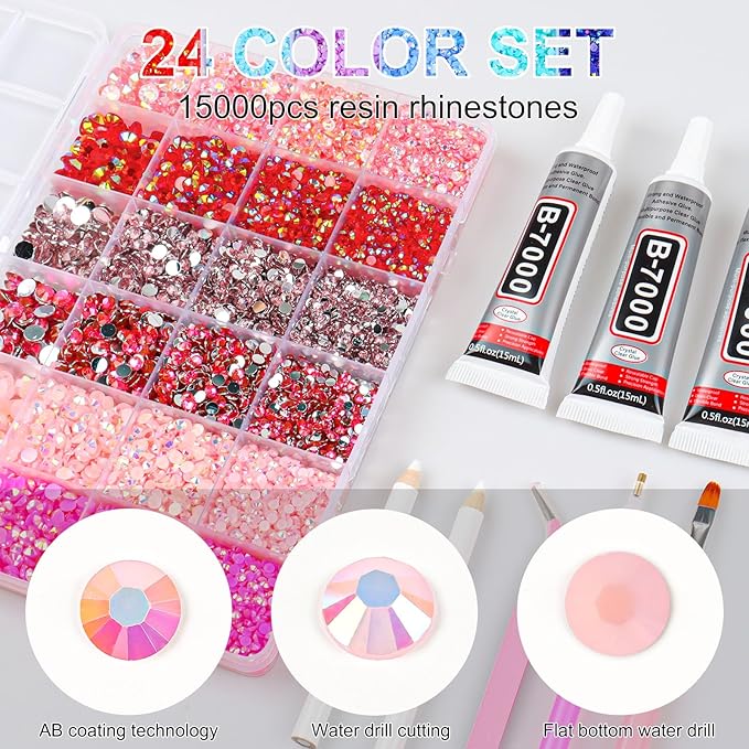 19200Pcs Pink Rhinestones for Bedazzling, 3mm -6mm Flatback Rhinestones for Diamond Art, Bedazzling Kit with 3Pcs 15ml B7000 Jewelry Glue for Nail Art Crafting Book Makeup