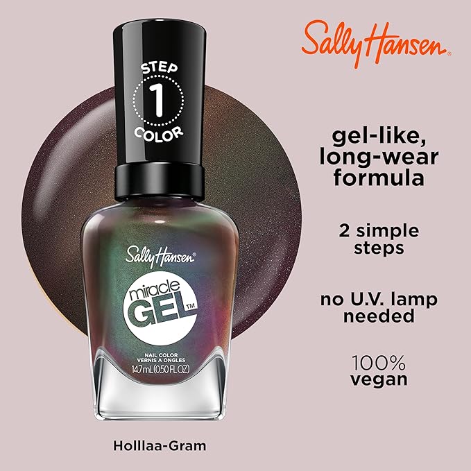 Sally Hansen Miracle Gel Salon Quality Nail Polish | Gel-Like Formula, Two-Step System, No UV Light Needed, Long Lasting | Opaque, Metallic | 841 Hollaa-Gram | Multichrome Brown Nail Polish