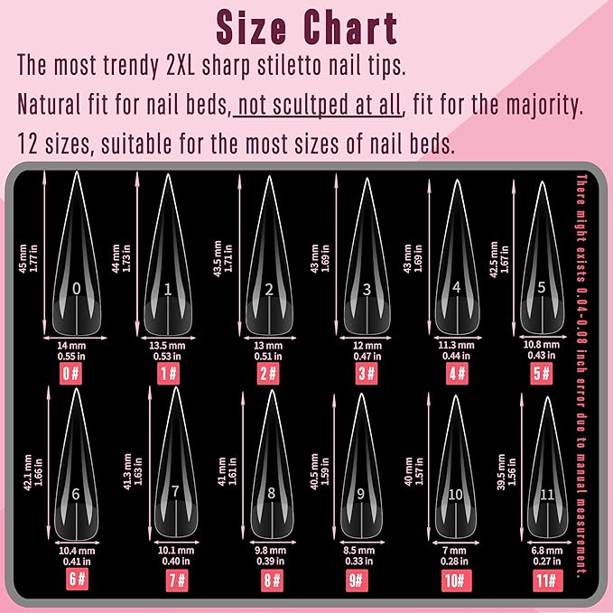 NOVO OVO Halloween XXL Straight Sharp Stiletto Natural Nail Tips Press on (not Sculpted), Normal Thick Extra Long Soak Off Soft Gel Fake Nail Extension, Full Cover False Nails for 12 Sizes 240 pcs