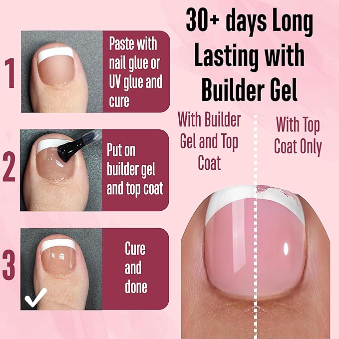 NOVO OVO Toe Nail French Tip Press on Combo, Mixed 9 Color Soft Gel Acrylic Fake toenail Extension kit, Medium Pre-applied Tip Primer & Base Coat, Full Cover Matte False Nils DIY x 15 Sizes 270 Pcs