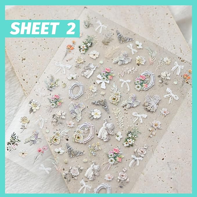 Angel Garden Nail Art Stickers, Rose Flower Nail Decals, Self-Adhesive,Summer Spring Nail Accessories for Women, Nail Decorations 3 Sheets