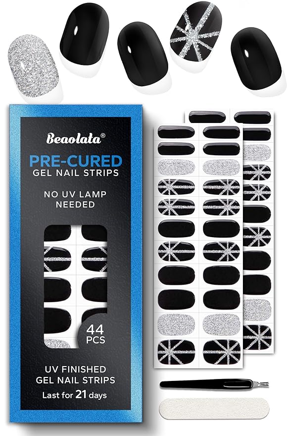 Pre Cured Gel Nail Strips - 44PCS Salon Quality Gel Nail Stickers - Long Lasting Polish Wraps for Women no UV Light Needed Easy Apply & Remove (Sultry Black