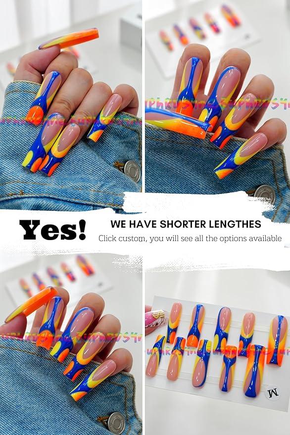 10PCS Colorful Swirl Press On Nails – Long Coffin Fake Nails with Blue, Orange & Yellow Abstract Design, Glossy Reusable Y2K Nails for Women and Girls – Euphrosyne