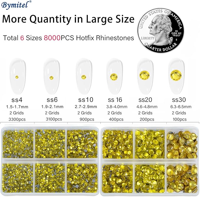 Bymitel Hotfix Crystal Rhinestones Round Gems for Crafts,Mixed 6 Sizes with Wax Pencil Kit, Citrine 1.6-6.3mm SS4-SS30/8000pcs