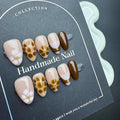 Handmade Press on Nails Medium Almond Handmade Nails with Rhinestone Flower Design Brown False Nails Glossy Leopard Print Nail Press ons Reusable Fall Winter Fake Nail for Women Size M 10Pcs